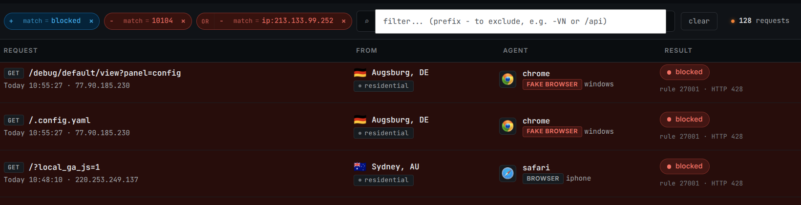 Cropped BitFire request log showing search filters, blocked requests, client locations, and rule decisions